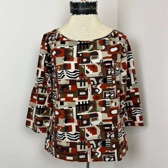 Tribal Tops - Pulligan Brown Print 3/4 Sleeves Hippie Geometric Tribal Top